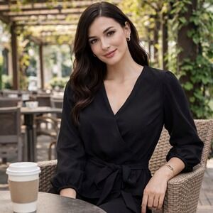 NWT Anne Klein Black Wrap Blouse V-Neck Long Sleeve Tie Waist Top XL